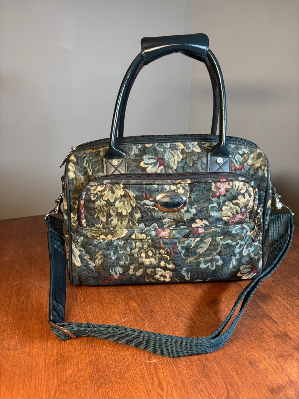 Floral Tapestry Satchel with Top Handles and Crossbody Strap